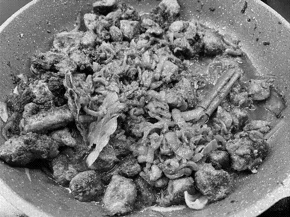 A pan of fried, diced lamb, caramelised onions and spices