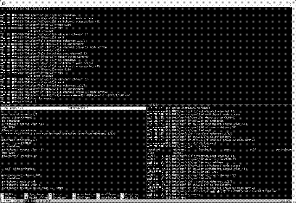 Screenshot of dvtm inside of screen showing three TTYs