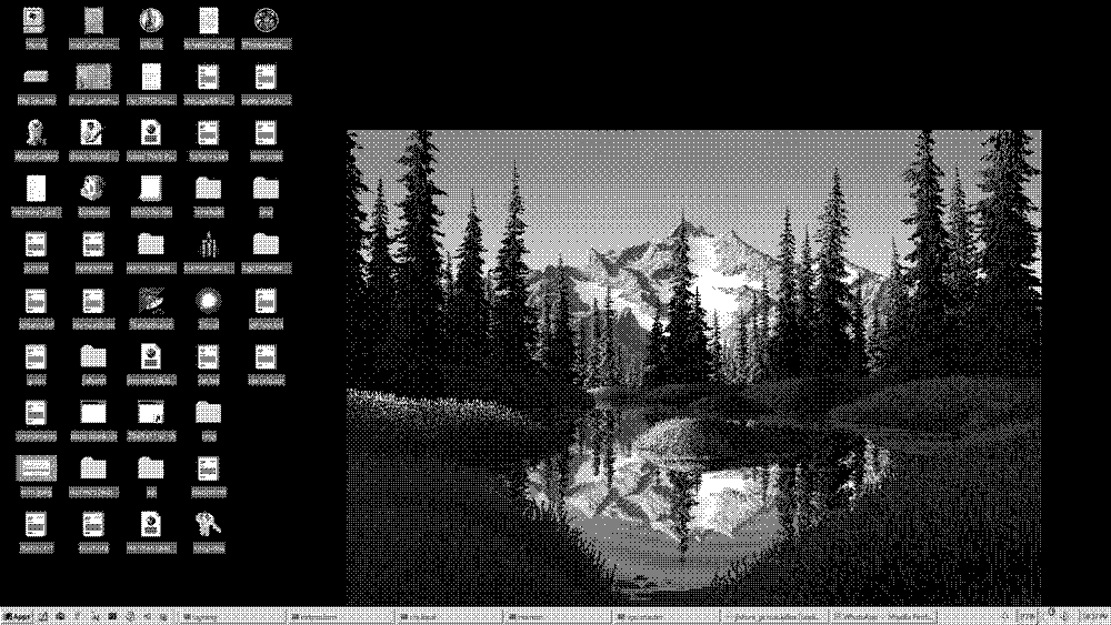 Screenshot showing a Linux xfce desktop that looks like Windows9x. With a pixel art wallpaper showing a nature scene with mountains, trees, a lake and grass. Lots of typical Win9x icons (folders, text files etc.) on the left side.