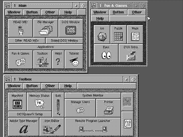 A screenshot of DESQview/X: an X Window System server running under DOS and DESQview